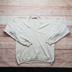 C.C. COURTENAY Sweater Mens L White Wool‎ Angora V-Neck Pullover Tight-Knit